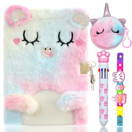 PESLNG Cat Plush Notebook Set, Diary Girls Notebook for Girls Plush A5 Travel Diary School Notepad Children Girls Festival Birthday Gift Journal Pink Girls Diaries