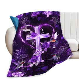 Purple Cross Blanket Christian Religious Cross Decor Throw Blanket Hummingbird Faith Catholic Blanket Gifts for Women Men Winter Super Warm Soft Plush Fleece Flannel Blanket for Adults Kids 50"X40"