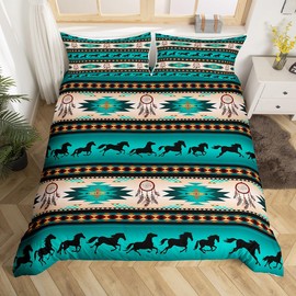 Horse Duvet Cover Dream Catchers Bedding Set for Cowboy Cowgirl,Southwestern Native Aztec Horses Comforter Cover Bohemian Tribe Quilt Cover King Size Farmhouse Wildlife Bedroom Decor,Green