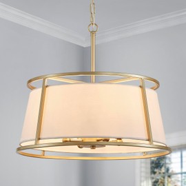 Shrine Lighting Drum Chandeliers, Modern Style, Perfect Pendant Light Fixture for Dining Room, Living Room, D20'' x H9'', Adjustable Chains 59'', E12*4 Sockets, White Lampshade & Brass Finish Frame