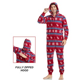 COLORFULLEAF Couples Matching Christmas Pajamas Sets Hooded Fleece Zipper Plaid Pjs Set Union Suits Soft Warm Jumpsuit(Mens, SF, 2XL)