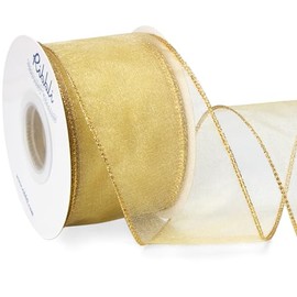 Ribbli Champagne Gold Organza Wired Ribbon, Gold Sheer Ribbon with Metallic Edge,2-1/2 Inch x 20 Yards Christmas Tree Ribbon for Decoration, Wired Ribbon for Large Gift Wrapping,Wedding Decoration.