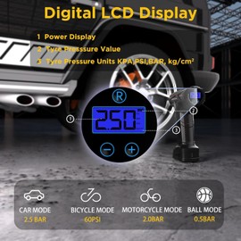 Portable Tyre Inflator Air Compressor 6000mAh Cordless Tyre Inflator - Digital Gauge, LED Light, Auto-Shutoff for Cars, 4 Nozzle Adaptors Motorcycles, Bicycles & Balls