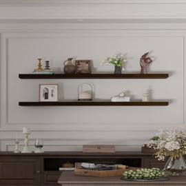 IEO 60 Inch Long Wooden Floating Shelves for Room Wall, Natural Wood Floating Shelves Wall Mounted Kitchen Shelf for Living Room, Bedroom, Kitchen,Bathroom, Storage, Set of 2