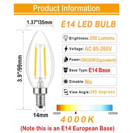 Lamsky E14 LED Bulb 4000K Natural White 2W,20W-25W Equivalent AC 110V 220V Compatible,Vintage E14 European Base Bulb for Chandelier,Pendant Light(4 Pack)