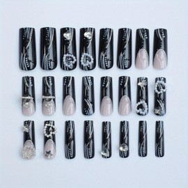 Black French Tip Press on Nails Glossy Acrylic Nails Handmade Long Square False Nails 3D Heart Stars Rhinestone Designs Full Cover Stick on Nails for Women Girls Nail Supplies 24 Pcs