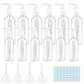 GZqiancang Pack of 12 Pump Bottles, 50 ml/100 ml Dispenser Bottle with 4 Funnels and 1 Label for Shampoo, Shower Gel, Body Lotions (Transparent)