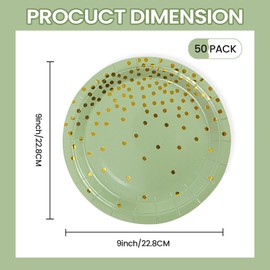 EVYIENEN 50Pcs Sage green and Gold Paper Plates, 9inch Metallic Foil Polka Dots Disposable Dessert Party Supplies for Graduation Wedding Holiday Christma Party Decorations