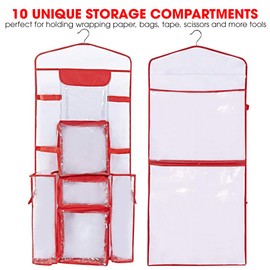 Hanging Gift Wrapping Paper Storage Organizer Bag Double Sided Multiple Front and Back Pockets Organize Your Gift Wrap, Gift Bags Bows Ribbons 40"X17" Fits Long 40 Inch Rolls Clear PVC Bag (Red)