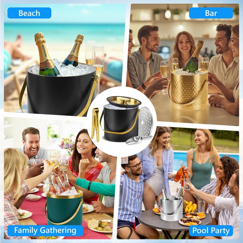Ice Bucket, Ice Bucket with Silicone Sealing Ring Double-Wall Vacuum