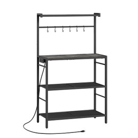 MAHANCRIS Bakers Rack with Power Outlet, Kitchen Storage Shelf with 6 Hooks, Microwave Stand with Storage, 4-Tier Coffee Bar Station, for Kitchen, Dining Room, Charcoal Gray and Black BRHT351E01