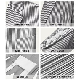 Mrbuerly Men's Seersucker Suit 2 Piece Striped Blazer Pants Beach Wedding Prom Casual Black Summer Wear Suit XXXL
