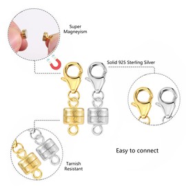 Magnetic Necklace Clasps and Closures, 2 Pcs 925 Sterling Silver Magnetic Clasp for Necklaces Gold Plated Converter Closure Connector for Bracelet Anklet DIY Jewelry Making Supplies