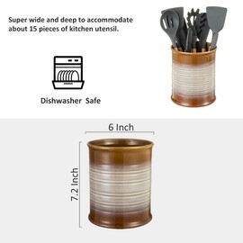 Nihow Kitchen Utensil Holder: 7.2 Inch Extra Large Ceramic Utensil Holder for Countertop - Stable Utensil Crock for Kitchen Counter Decor - Elegant Brown (1PC)