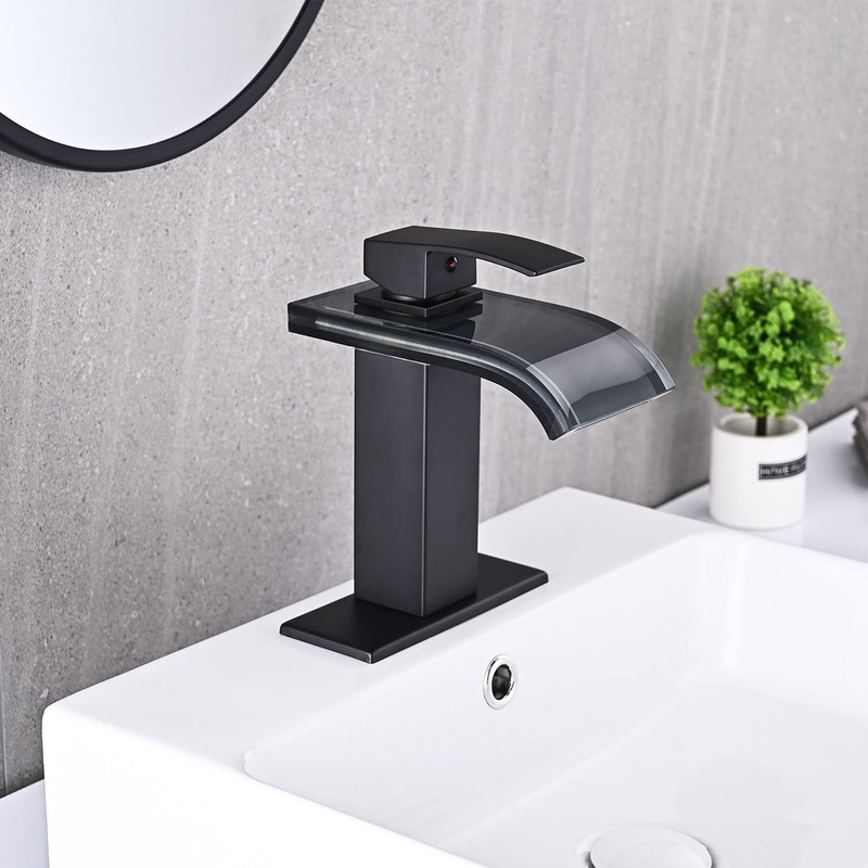 AVSIILE LED Bathroom Sink Faucet, Matte Black Waterfall Single Hole