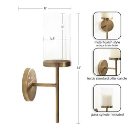 Kate and Laurel Blaise Transitional Metal Wall Sconce; 5 x 6 x 14; Antique Brass; Modern Round Candle Holder with Removable Glass Cylinder for Flameless Candles