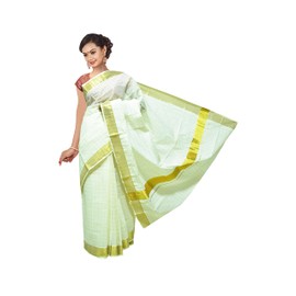 Kerala Saree Women's Cotton Cream Solid Plain Golden Zari Bordered Premium Traditional Elegance Onam Special Kavasu Saree, Checked Design-1, Free