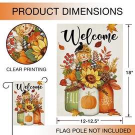 Hzppyz Welcome Fall Pumpkin Sunflower Garden Flag Double Sided, Autumn Harvest Mason Jar Scarecrow Decorative Yard Outdoor Home Small Decor, Maple Leaves Crow Burlap Outside House Decoration 12 x 18