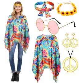 YADODO YADODO Hippie Kostüm Damen Poncho Set mit Hippie Accessoires 60er 70er Jahre Bekleidung Damen Frau Hippie Kleidung Damen Boho Flower Power 70er Mode Disco Outfit Damen Faschingskostüme Hippie Hippi