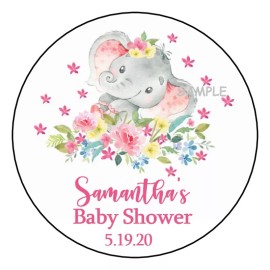 PartyMommy 12 Elephant Girl Baby Shower Stickers Favors Labels tags 2.5" floral flowers