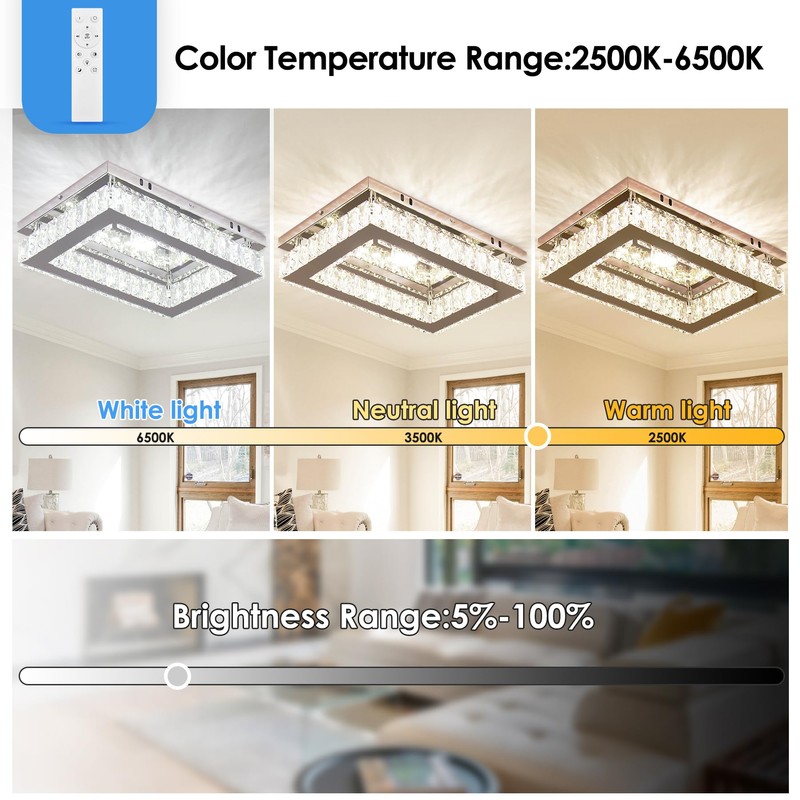 Dimmable Crystal LED Flush Mount Ceiling Light, 11.8"×9.1" Rectangular Close