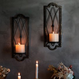 Candle Sconce(Set of 2)-Metal Wall Decorations-Rustic Home Decor-Wall Candle Sconces-Gold Black Wall Sconces