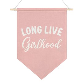 AGMDESIGN Long Live Girlhood Pink Canvas Hanging Pennant Flag Banner, Girl Room Wall Decor, Kids Bedroom Dorm Toddler Decor, Nursery Playroom Girl Power Flag Decor, Birthday Gifts for Daughter Niece