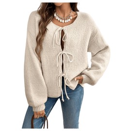 GORGLITTER Women's Tie Front Cardigan Bow Knot Long Sleeve Crewneck Jumper Sweaters Loose Fit Winter Top, Apricot, S