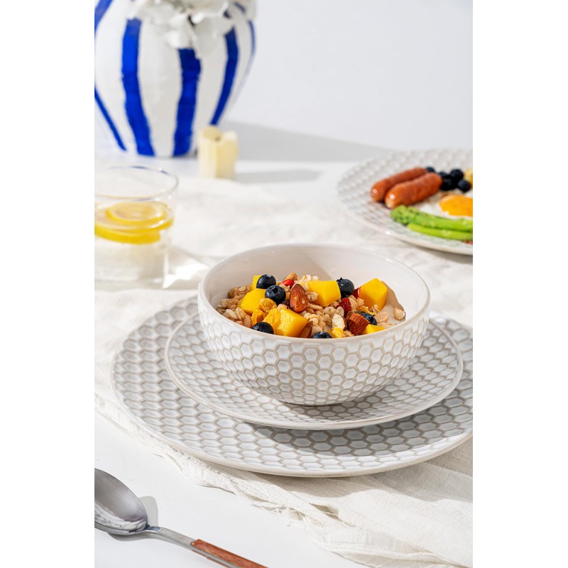 FOBENTA Ceramic Dinner Plates Set of 4,Lena Porcelain Dinner Plates,Embossment