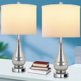 TPAMSWO Glass Table Lamps Set of 2, Modern 23.5” High Hand-Applied Silver Mercury Glass Bedside Lamps, for Bedroom Living Room Home Nightstand Table Lamp(with USB C+A 5V 2.1A Charging Ports)