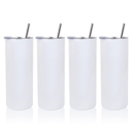 MAIKESUB Skinny 20 OZ Straight Stainless Steel White Tumbler with Metal Straw for Heat Press Machine Printing 4 Pack