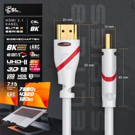 CSL - 8k HDMI Cable 2.1 1.5 m - 8K @ 60Hz / 120Hz - 4K @ 240Hz - 48 Gbit/s - HDMI 2.1 2.0a 2.0b - 3D - High Speed - HDTV - UHD II - Dynamic HDR-10+ - eARC - Variable Refresh Rate VRR - White
