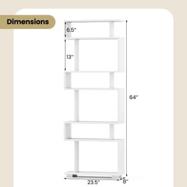 SILKYDRY 6 Tier Geometric Bookshelf, S Shaped Bookshelf with Anti-toppling Kits, Freestanding Room Divider Bookcase, 64" Tall Staggered Display Shelf for Living Room Bedroom (2, White)
