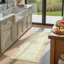 jinchan Runner Rug 2x6 Washable Hallway Runner- Spring Floral Non Slip Low-Pile Soft Thin Kitchen Rug Distressed Carpet for Entryway Farmhouse Bedroom Laundry Room(2x6ft,Yellow Green/Teal)