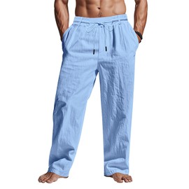‌Men's Linen Pants Lightweight Drawstring Elastic Waist Pockets Loose Fit Straight Legs Summer Beach Yoga