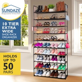Sundaze Shoe Rack - 10 Tier Metal Shoe Rack for Front Door Entrance, Sturdy Tall Shoe Organizer for Closet, Bedroom, Entryway, Garage, Black Metal Shoe Shelf, Holds Up to 50 Pairs