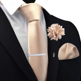 Branduce Champagne Tie for Men Wedding Solid Satin Silk Blend Necktie Pocket Square Tie Clip and Lapel Pin Brooch Set (TA14-09)