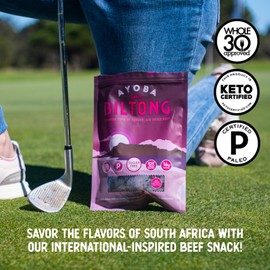 Ayoba Garlic Grass Fed Beef Biltong Slices (4 Ounce, Pack of 1) - Keto Friendly Air-Dried Grass Fed Beef Paleo Snacks - Gluten Free, Whole 30 Approved, Sugar free, No Carb Meat Snacks
