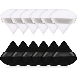 Pyhot 12 Pack Black and White Triangle Velour Makeup Powder Puff,Portable Soft Sponge Setting Face Puffs with Ribbon Band Handle for Loose Powder Mineral Powder Body Powder Makeup (Black&White)