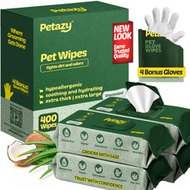 Petazy Pet Wipes for Dogs and Cats – Hypoallergenic Dog Wipes for Cleaning & Deodorizing Paws and Butt, Grooming & Hydrating Body, Ears and Face, Unscented, 400 Pack