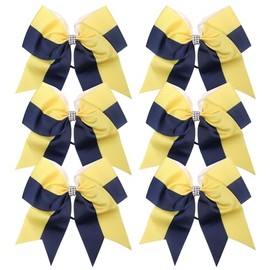 Cheerleader Bows 8 Inch Comb Color Ponytail Holder with Bling Fling Rhinestones Hair Tie Cheerleading Bows 6 Pcs (Navy Blue/Yellow)
