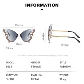 LEEQ Funny Diamond Rhinestone Disco Glasses, Butterfly Sunglasses, Rimless Vintage Glasses, for Men and Women, Tinted Rave Glasses, Festival Sunglasses, black