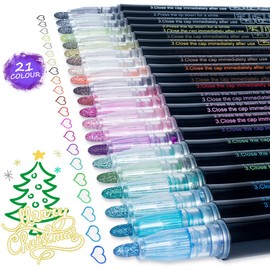 Shimmer Marker Set: 21 Color Super Squiggles Outline Markers, Supersquiggles Glitter Self-Outline Metallic Marker Pens, Double Line Marker Pen for Art, Writing, Draw for Adult