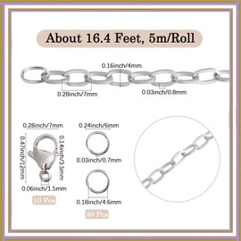SUNNYCLUE 1 Roll 16.4 Feet/5M 4mm Paperclip Chain Set Silver Paper Clip Chain Stainless Steel Metal Connector Jump Rings Lobster Links for Jewellery Making Necklaces Extension Crafts Supplies Women