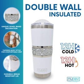 MyBevi Hollywood Insulated Tumblers, Premium Grade Stainless Steel Hydration Tumbler - Hot & Cold, Leak-Resistant Lid, BPA-Free | 20 oz, White Pearl