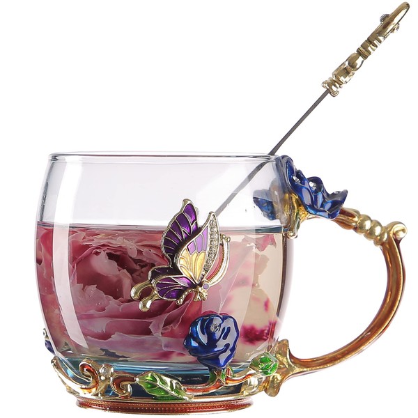 els Butterfly Flower Tea Cup, Glass Coffee Mugs with Spoon, Valentines Mothers Day Graduation Christmas Gifts for Women Wife Mom Her Grandma Girls Teacher Friends, Birthday Present Idea