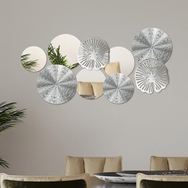 Hicarer 9 Pcs Circle Mirrors Metal Home Decor Wall Decorative Modern Round Accent Wall Art Sculpture Hanging Decorations for Living Room Office Bedroom Kitchen(Silver)