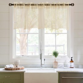 DWCN Sheer Valance Faux Linen Small Window Curtains, Living Room Kitchen Windows, Voile Rod Pocket Valance for Cafe, 1 Panel Beige, 52" W x 18" L