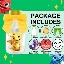 Ethisa 12 Pack Baby Dragon Party Favors - Candy Jars with Ribbons and Stickers - DIY Party Decoration Bottle for Birthday, Baby Shower and School Classroom - Dragon Egg Container for Toddlers and Kids