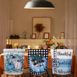 Windkream 6 Pcs Fall Chair Covers Set Autumn Chair Back Cover Thanksgiving Dining Chair Slipcovers Buffalo Plaid Removable Chair Seat Protector for Kitchen Dining Hotel Wedding (Blue Pumpkin)